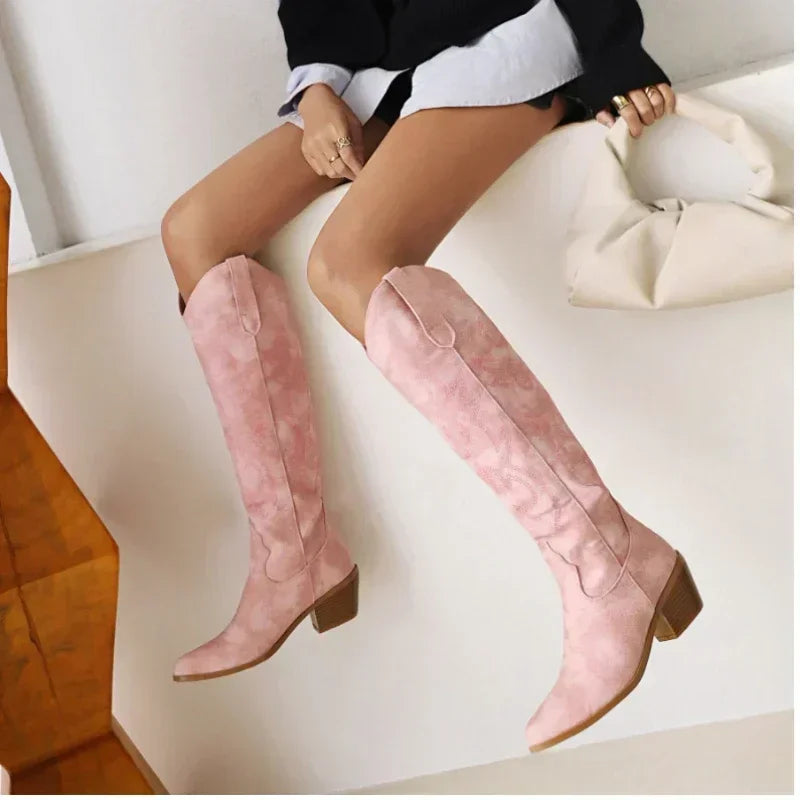 Elegant brown PU leather knee-high pointed toe knight boots for women, designed for a chic Western cowboy style.