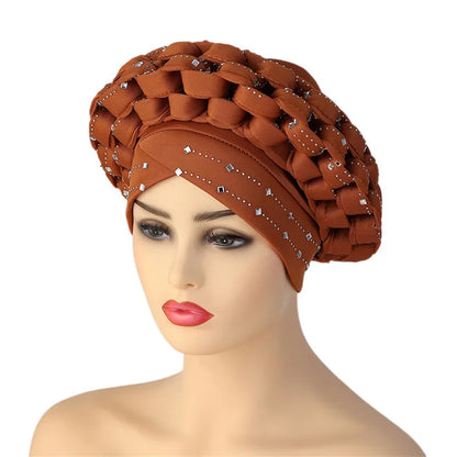 Stylish African Autogele turban cap in rich fabric, showcasing exquisite diamond embellishments for a sophisticated, luxurious look.
