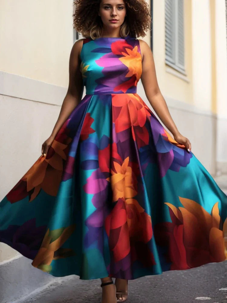 Elegant floral printed A-Line tank dress for women, showcasing a vintage casual style with a sophisticated sleeveless design.
