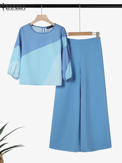 Full view of the ZANZEA women's pant set styled for a luxury summer look, capturing the perfect blend of casual chic with geometric prints, suitable for a sophisticated wardrobe.