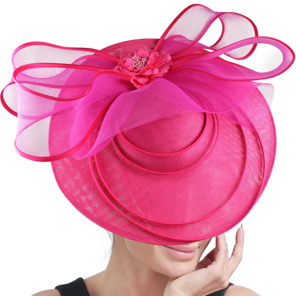 Elegant large fascinator hat for women with floral design, ideal for cocktail events, church gatherings, and parties.
