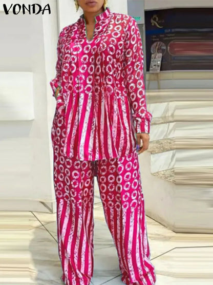 Elegant Plus Size 5XL VONDA Women's Casual Matching Set featuring a sophisticated long sleeve polka dot and striped shirt paired with stylish elastic pants, ideal for luxurious casual wear. Available in a variety of rich colours including Blue, Green, and Dark Pink, perfect for autumn and winter occasions.