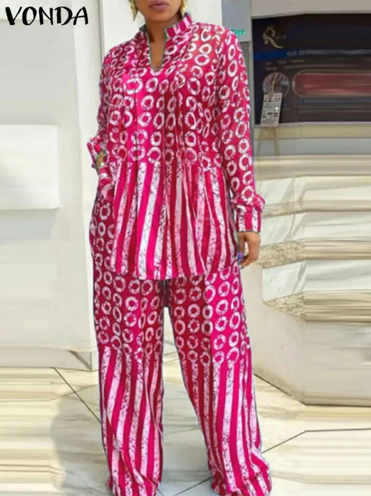 Elegant Plus Size 5XL VONDA Women's Casual Matching Set featuring a sophisticated long sleeve polka dot and striped shirt paired with stylish elastic pants, ideal for luxurious casual wear. Available in a variety of rich colours including Blue, Green, and Dark Pink, perfect for autumn and winter occasions.