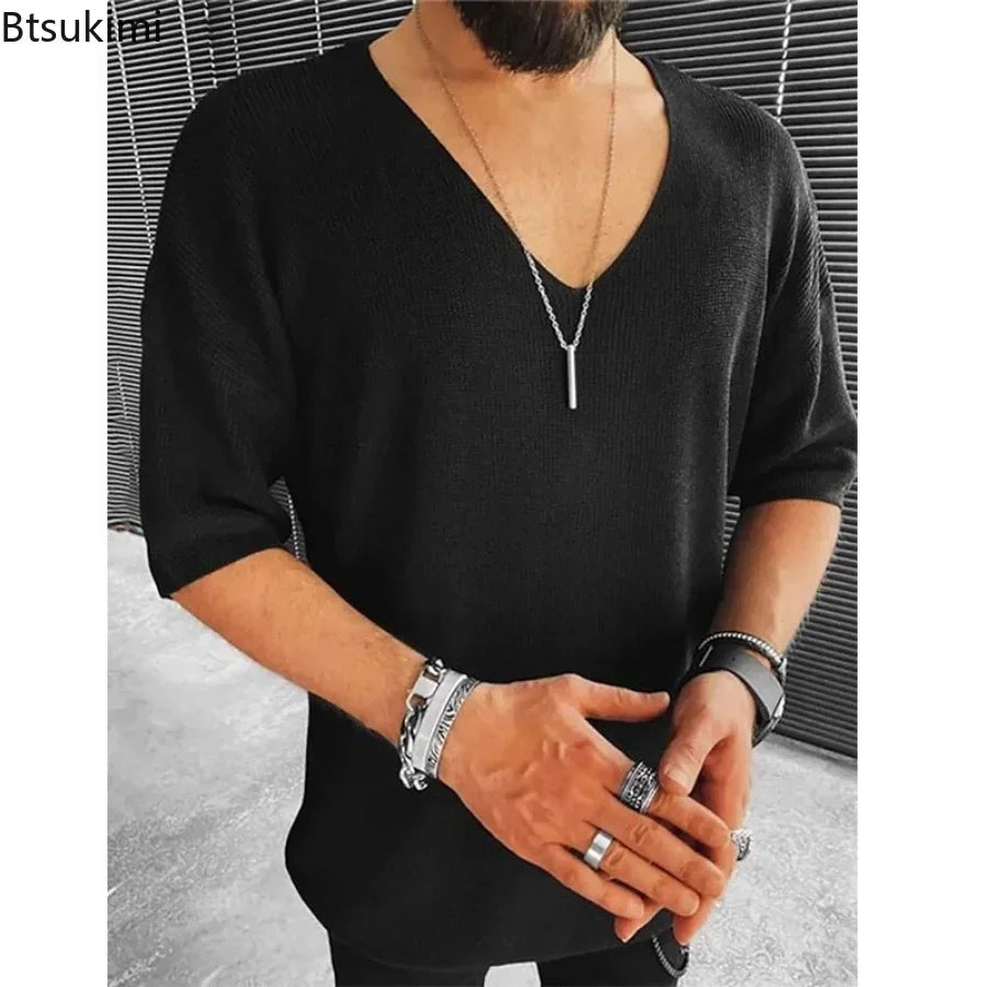 Chic and modern brown casual V-neck shirt for men, crafted for effortless elegance in both style and comfort during warm weather.