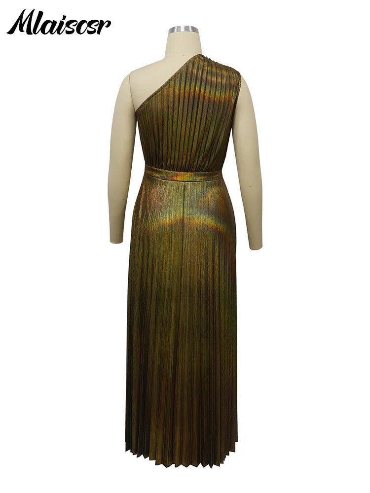 Gorgeous Women's Evening Dress, luxuriously designed in metallic gold with an elegant one-shoulder silhouette, perfect for glamorous nights out.