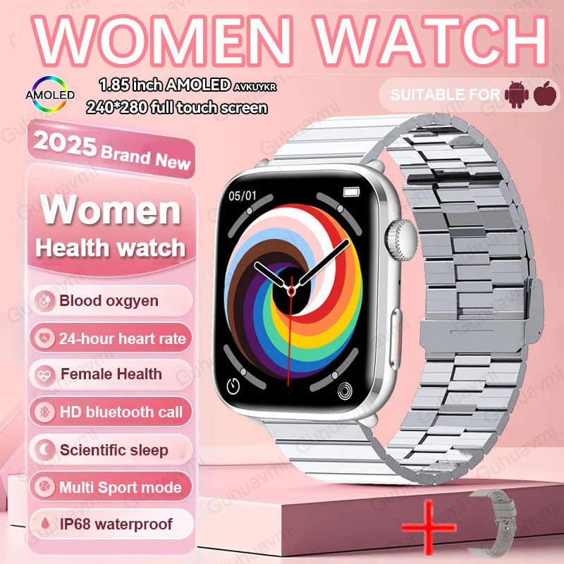Elegant Women's Smart Watch with Bluetooth call function, showcasing a sleek fine steel band and innovative health tracking capabilities.