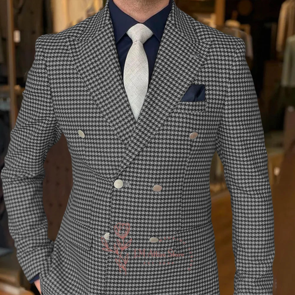 Sophisticated outfit styling featuring a men's white houndstooth jacket, suitable for weddings, gala events and classy gatherings.