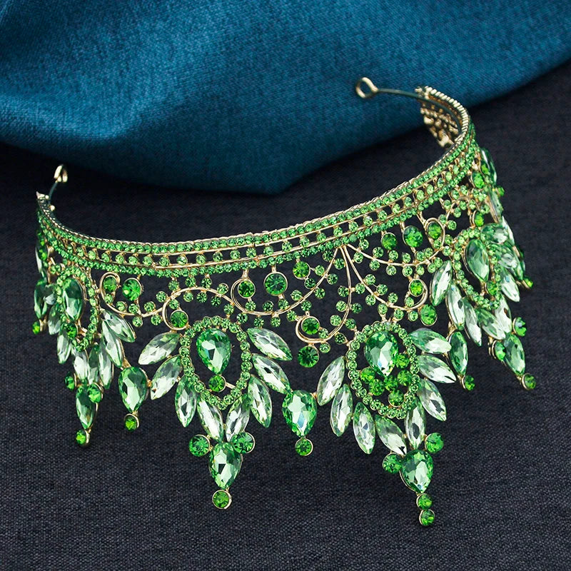 Elegant lime green wedding crown tiara, made with high-quality crystals and zinc alloy, ideal for brides and special events, showcasing a vintage style.