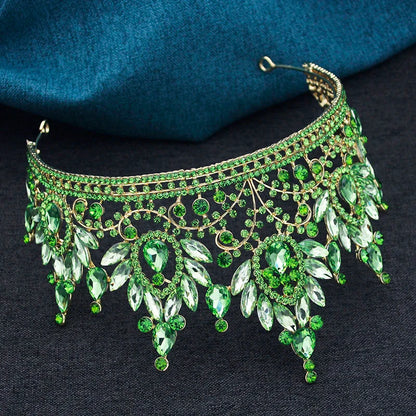 Elegant lime green wedding crown tiara, made with high-quality crystals and zinc alloy, ideal for brides and special events, showcasing a vintage style.