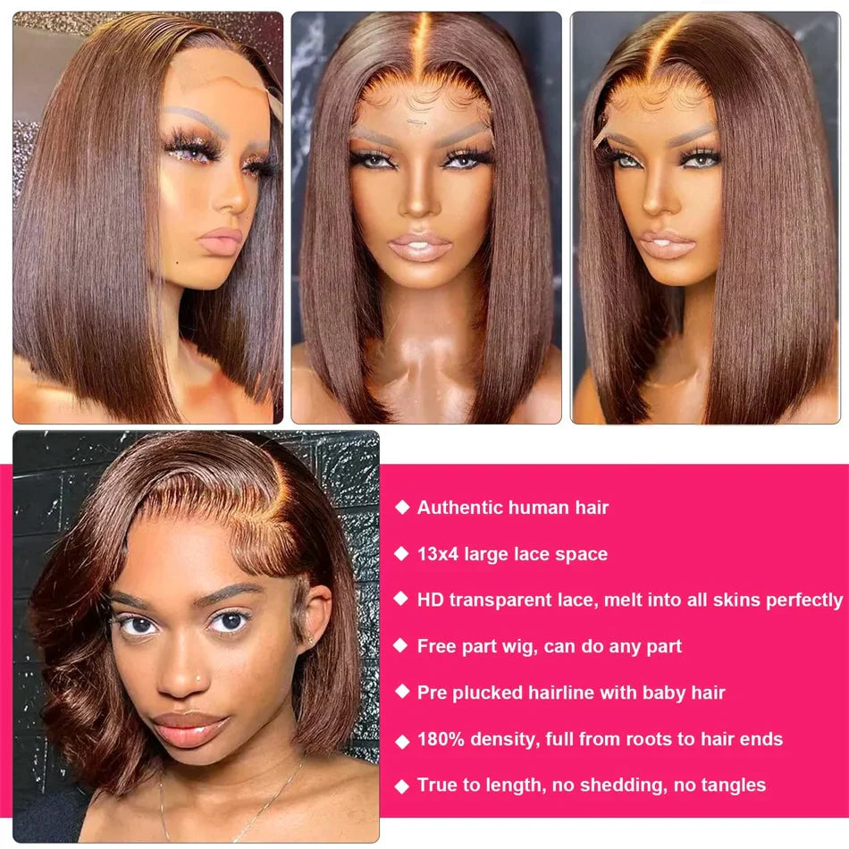 Glamorous lace front bob wig with natural bleached knots, offering exceptional quality and a rich chocolate hue for a sophisticated appearance.