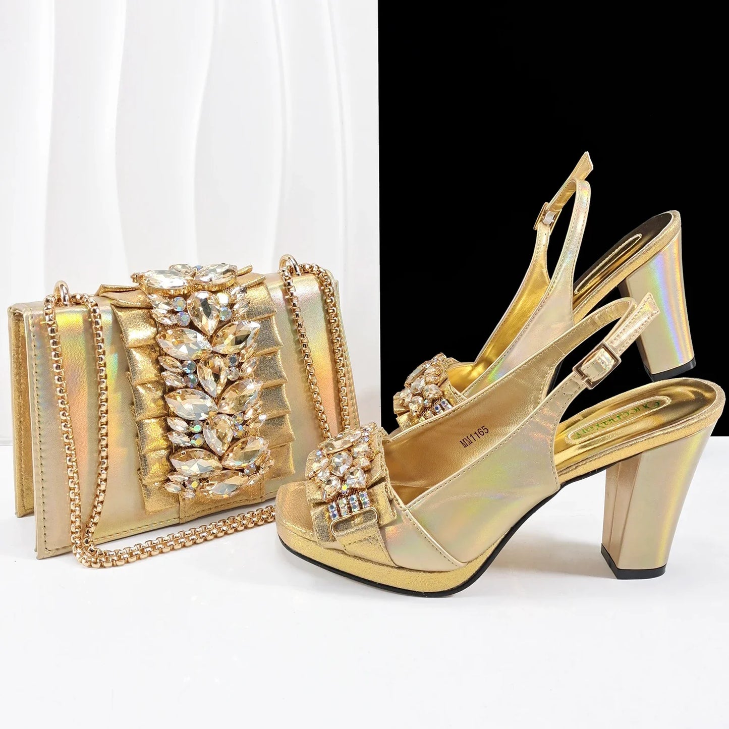 Elegant Giyu women's high heel peep toe shoes and matching bag set with charm, showcasing Italian design and luxurious gold accents, perfect for upscale events.