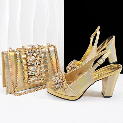 Elegant Giyu women's high heel peep toe shoes and matching bag set with charm, showcasing Italian design and luxurious gold accents, perfect for upscale events.