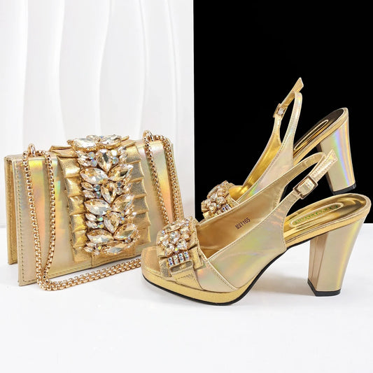 Elegant Giyu women's high heel peep toe shoes and matching bag set with charm, showcasing Italian design and luxurious gold accents, perfect for upscale events.