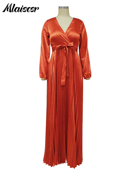 Detail of the V-neckline and lantern sleeves of the Mlaiscsr Women's Floor-Length Dress, showcasing elegant pleating and a sophisticated silhouette.