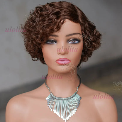 Detailed view of the 100% Brazilian human hair Ombre Blonde Pixie Cut Curly Bob Wig, emphasising the unique colour blend and short, curly design.