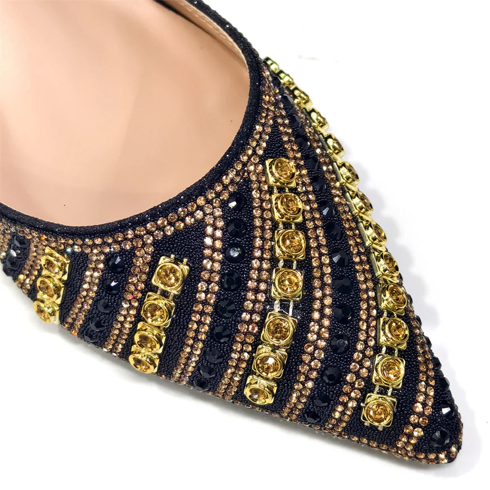 Sophisticated women's handbag set featuring stunning rhinestone accents, perfect complement to Italian designed high heels for special events.