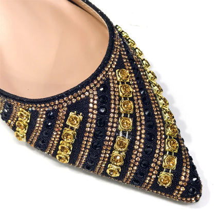 Sophisticated women's handbag set featuring stunning rhinestone accents, perfect complement to Italian designed high heels for special events.