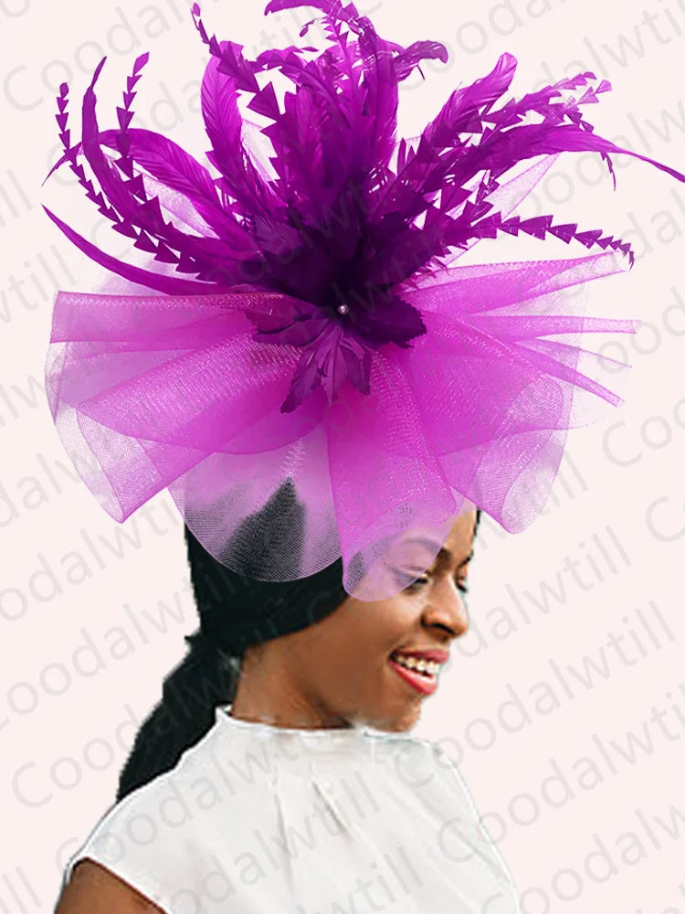 Stylish front view of a women's pillbox cap fascinator, crafted for weddings and elegant parties, adorned with delicate feathers.