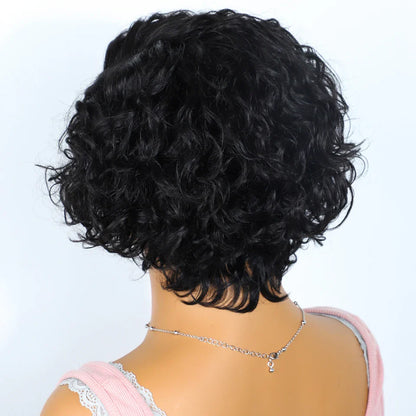 Elegant pixie cut body wave wig placed elegantly against a soft background, perfect for effortless luxury and maintenance-free styling.