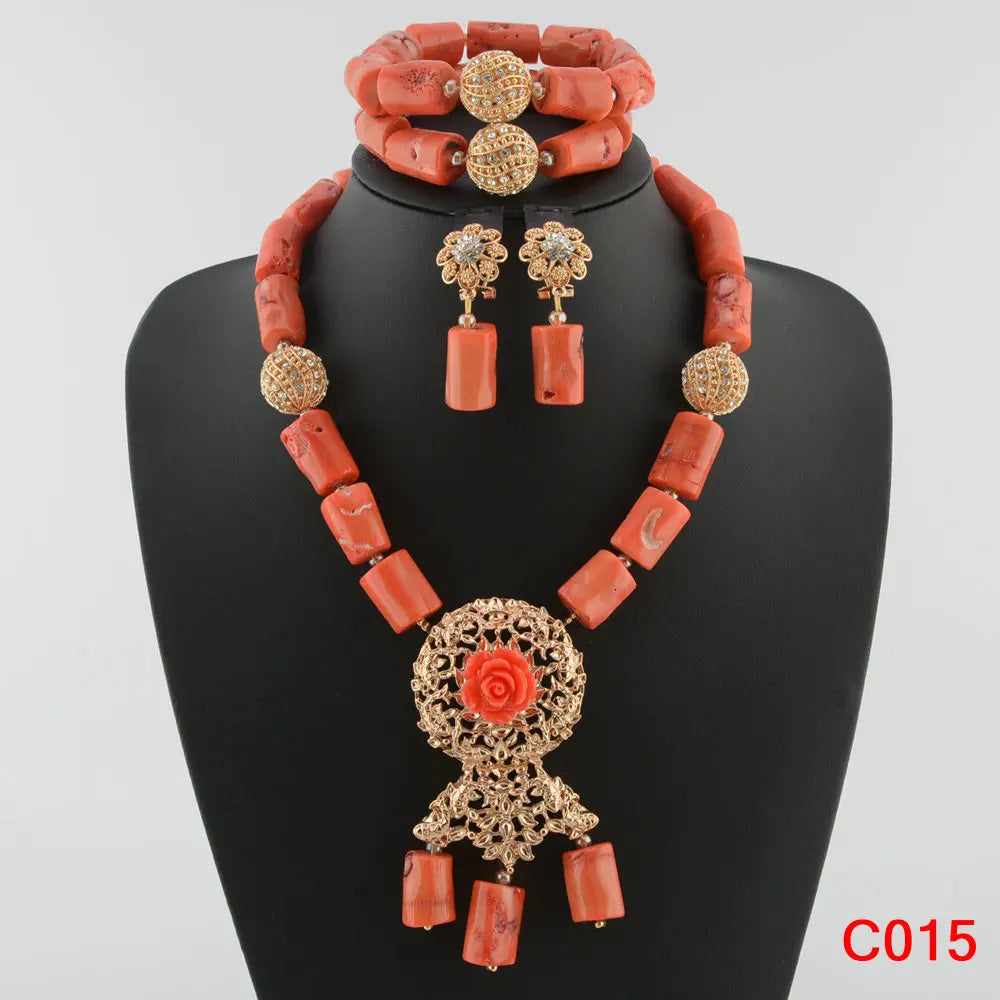 Exquisite Coral Bead Earrings showcasing classic African design, ideal for enhancing evening attire.