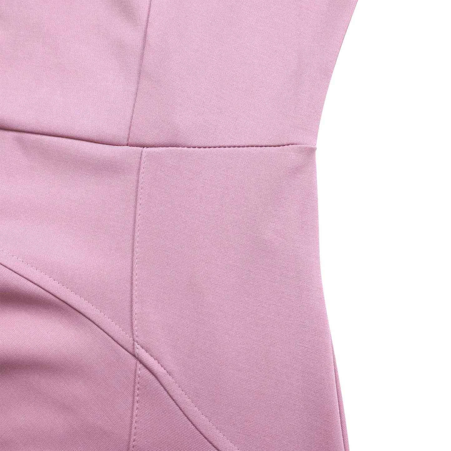 Close-up of the exquisite fabric and pleating details of the elegant knee-length evening dress, showcasing its premium polyester construction.