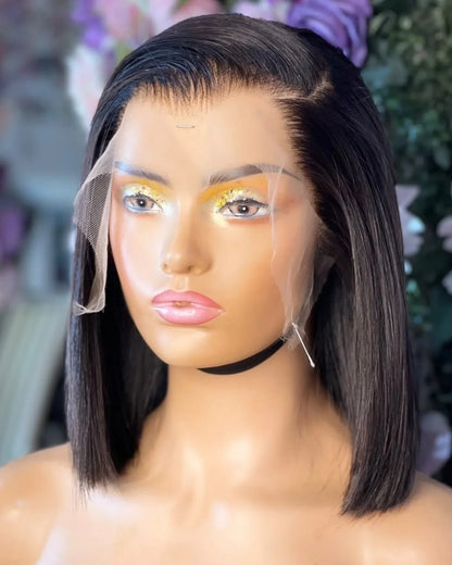 Luxurious black blunt cut short bob synthetic wig with a straight texture, featuring a lace frontal design for a flawless hairline.