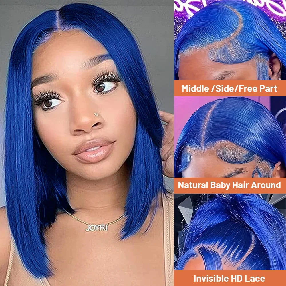 Detailed image focusing on the transparent lace of the navy blue bob wig, emphasising its seamless blend for a natural look.