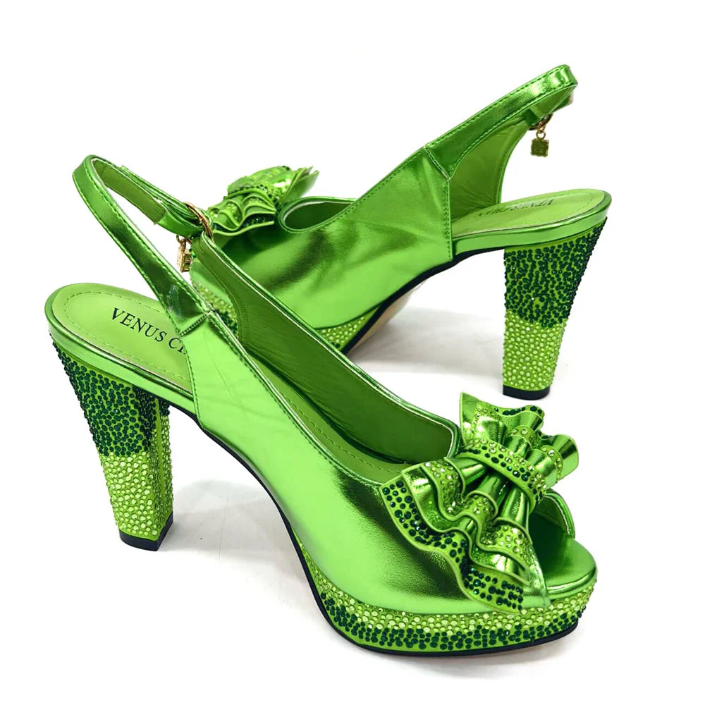 Venus Chan Elegant Green Open Toe Diamond Pumps for Women, High-Quality Slingbacks with Spike Heels for Luxury Parties.