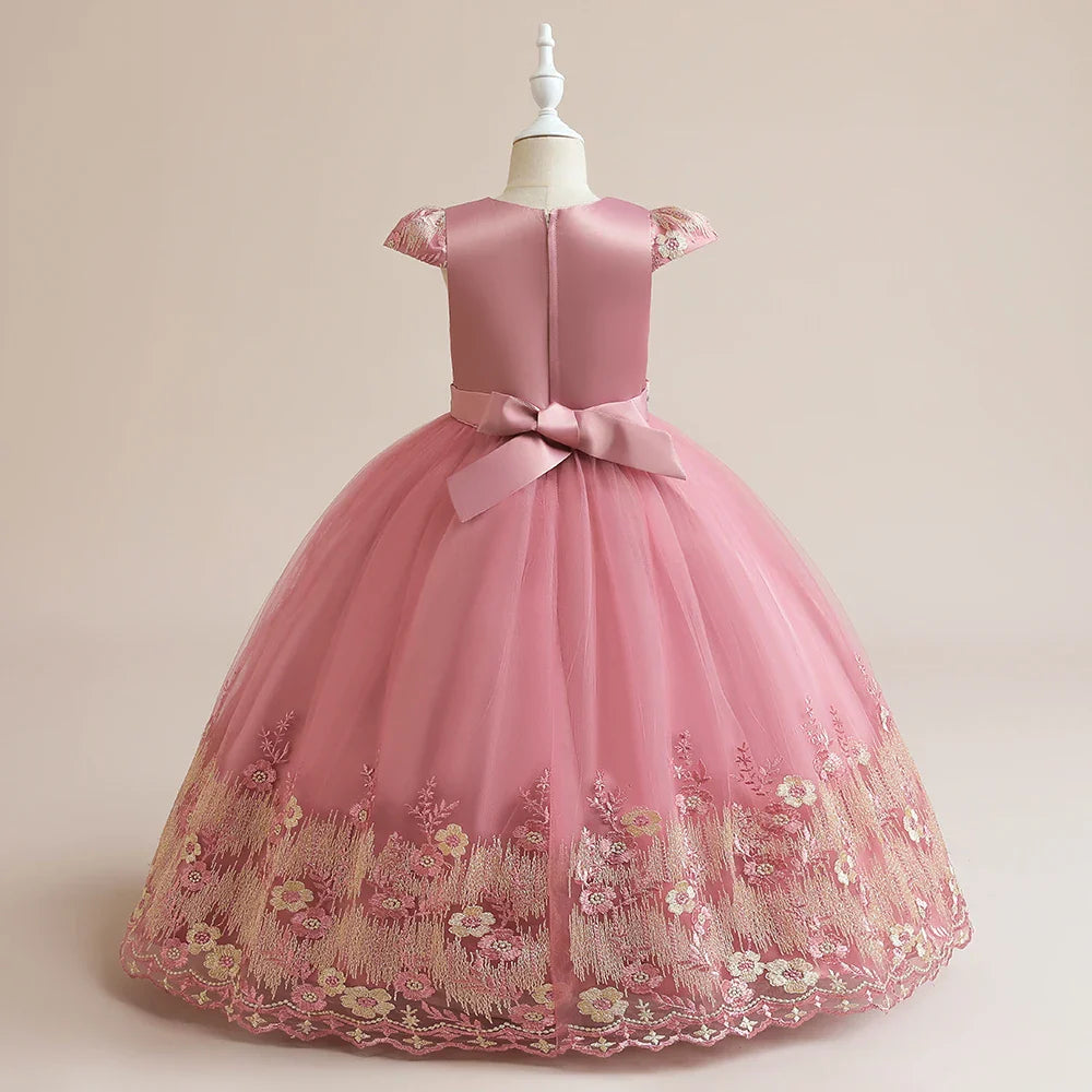 Beautiful ankle-length ball gown for girls, featuring a cute o-neck design, perfect for both formal and casual settings.