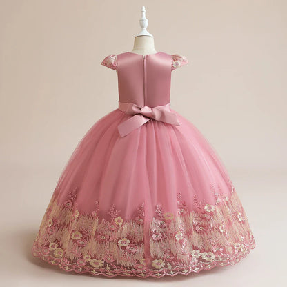 Beautiful ankle-length ball gown for girls, featuring a cute o-neck design, perfect for both formal and casual settings.