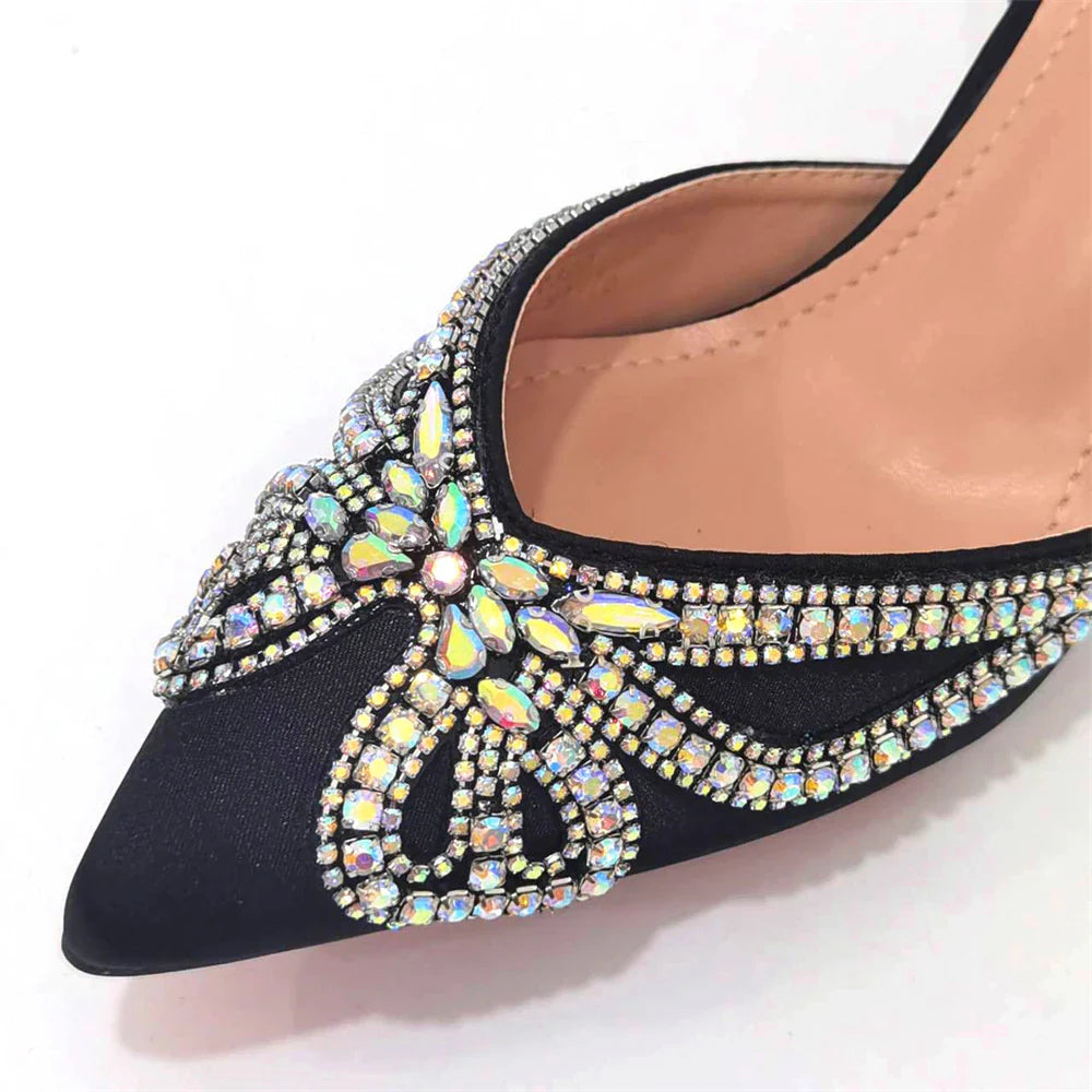 Close-up of Venus Chan high heel sandals featuring intricate crystal detailing and spike heels, ideal for summer and autumn parties.