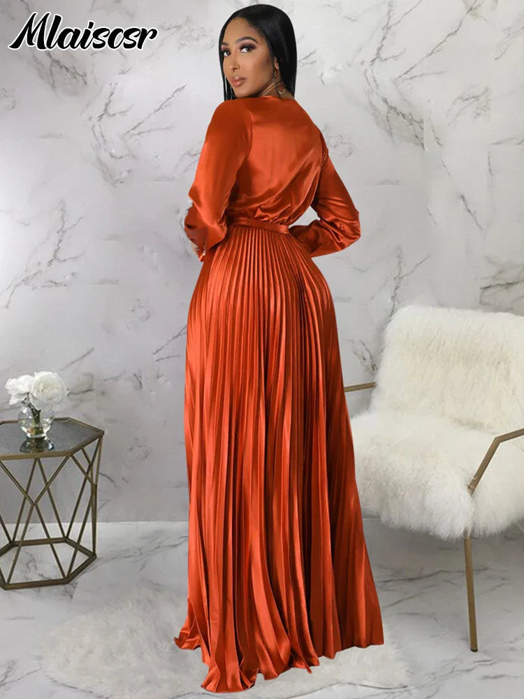 Back view of Mlaiscsr Women's floor-length dress highlighting the empire waist and elegant A-line fit, designed for timeless elegance.