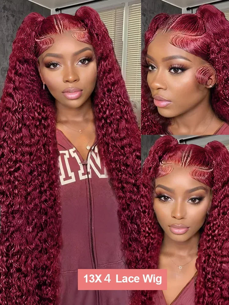 Beautiful 13x4 HD lace frontal wig, showcasing the exquisite 250% density kinky curly texture, available in a vibrant 99J burgundy red wine tone for a glamorous appearance.