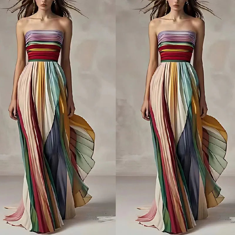 Elegant women's sleeveless asymmetrical maxi dress featuring colourful striped bohemian style, perfect for summer occasions.