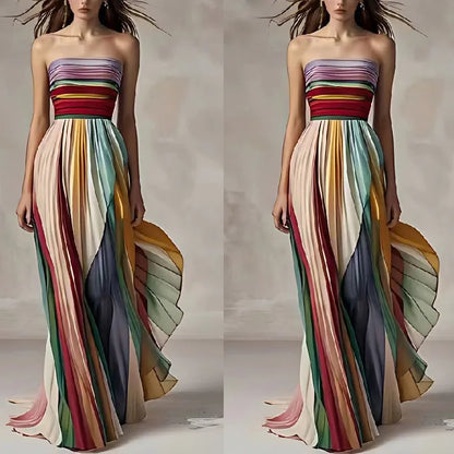 Elegant women's sleeveless asymmetrical maxi dress featuring colourful striped bohemian style, perfect for summer occasions.