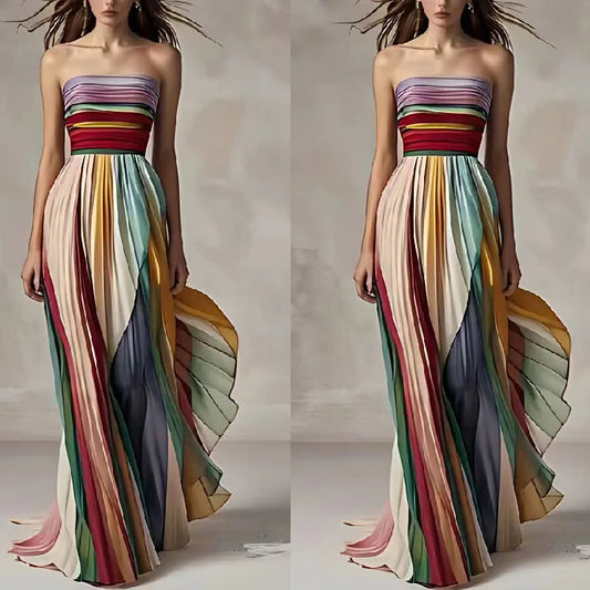 Elegant women's sleeveless asymmetrical maxi dress featuring colourful striped bohemian style, perfect for summer occasions.