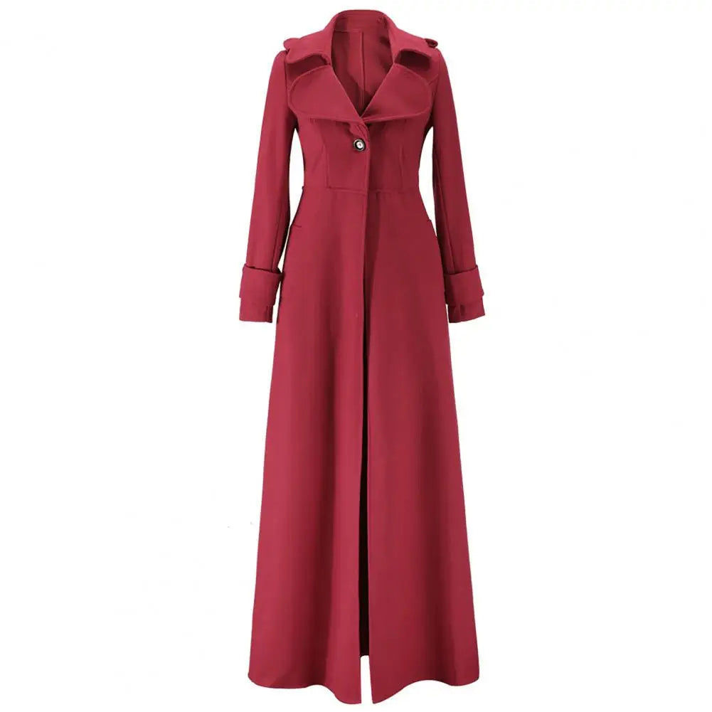 Chic long woolen trench coat for women, showcasing a timeless silhouette with single button detail and refined turn-down collar, ideal for upscale outings.