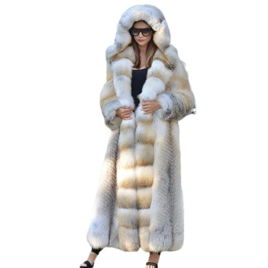 Luxury Women's Long Hooded Faux Fur Coat in Fluffy Texture, Perfect for Stylish Winter Fashion.