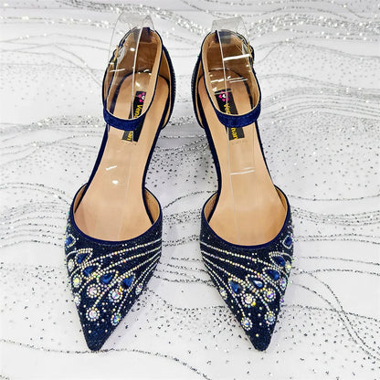 Close-up of exquisite rhinestone embellishments on women’s pointed toe pumps, highlighting luxury and sophistication.