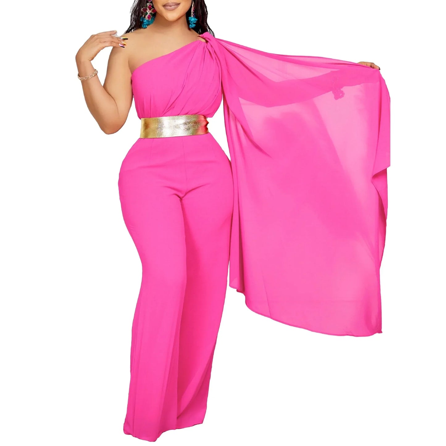 Chic and fashionable one shoulder jumpsuit with high waist design, embodying modern elegance and comfort for women.