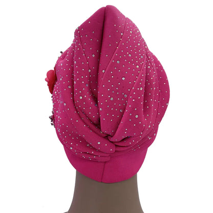 Elegant African Turban Cap adorned with rhinestones, perfect for stylish women seeking luxury head wraps in sizes 56-58cm.