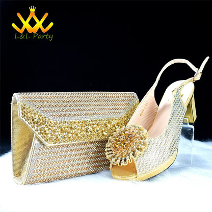Matching green crystal handbag set for women, elegantly paired with sandals for a luxurious wedding look.