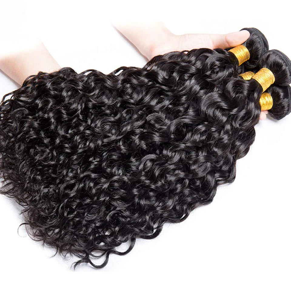 High-quality Brazilian Remy Hair Weave bundles featuring a luxurious water wave texture, perfect for elegant hairstyles.