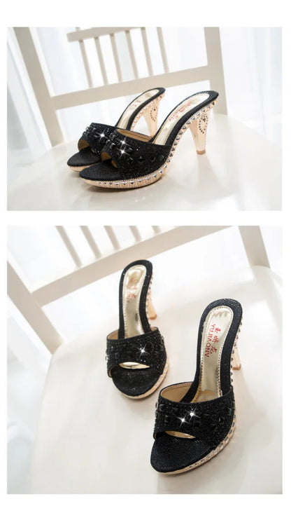 Stylish open back sandals with high spike heels, embellished with crystals for an exquisite party look.