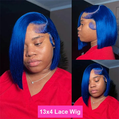 Elegant navy blue straight bob wig styled with a 13x4 HD lace frontal, perfect for a sophisticated and glamorous appearance.