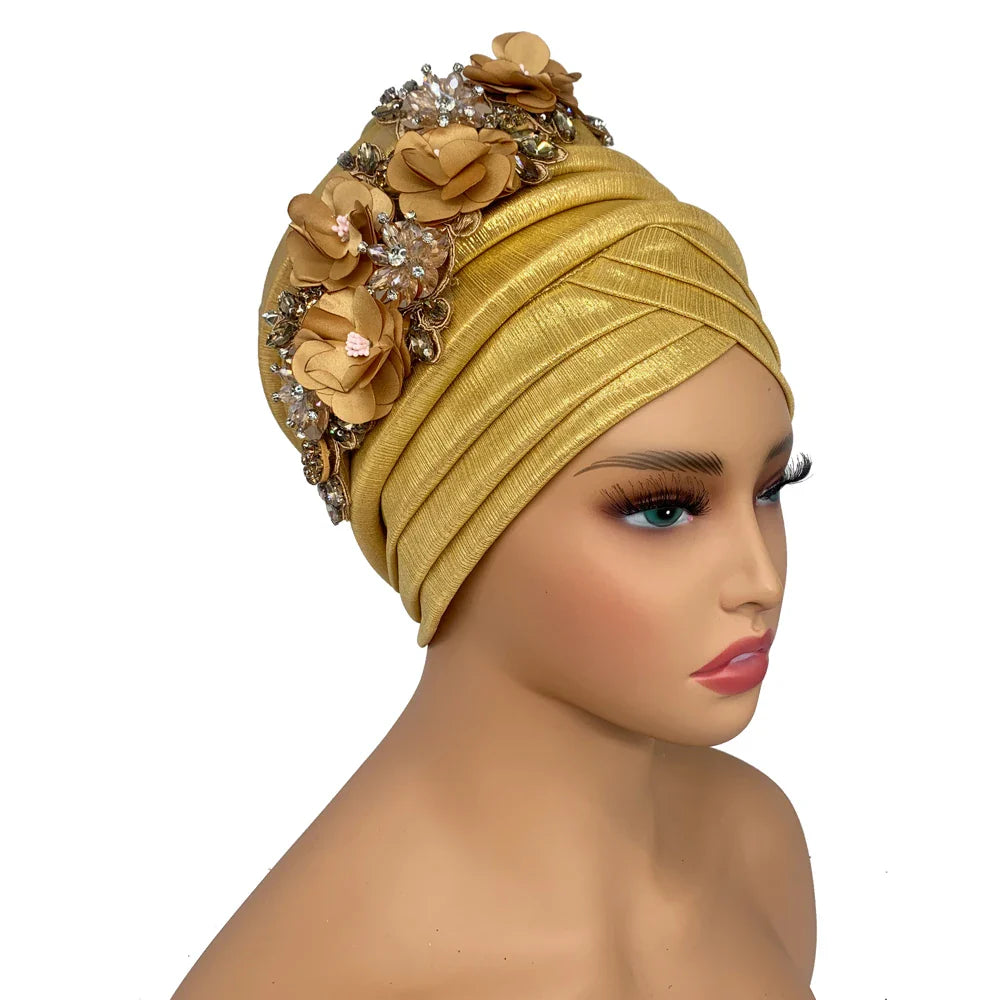 Elegant African headtie designed for middle-aged women, offering slight stretch for a comfortable fit while maintaining a luxurious appearance.