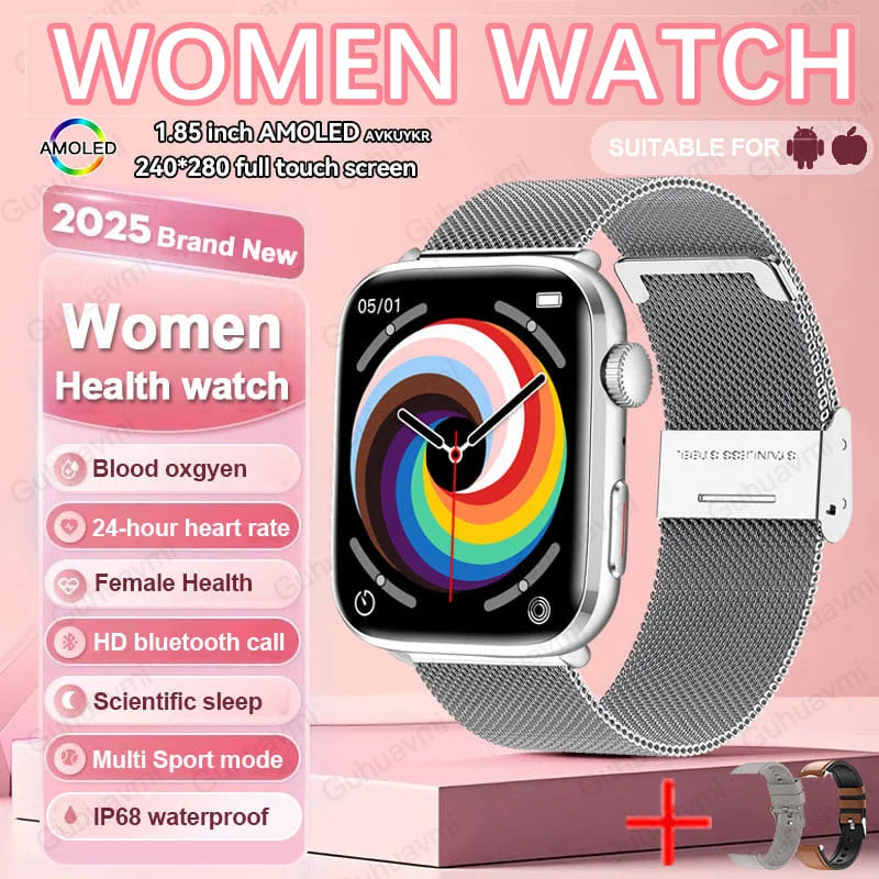 Luxury AI Diagnosis NFC Smart Watch designed for women, featuring a 1.85 inch AMOLED display, heart rate tracking, and blood pressure monitoring.