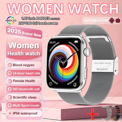 Luxury AI Diagnosis NFC Smart Watch designed for women, featuring a 1.85 inch AMOLED display, heart rate tracking, and blood pressure monitoring.