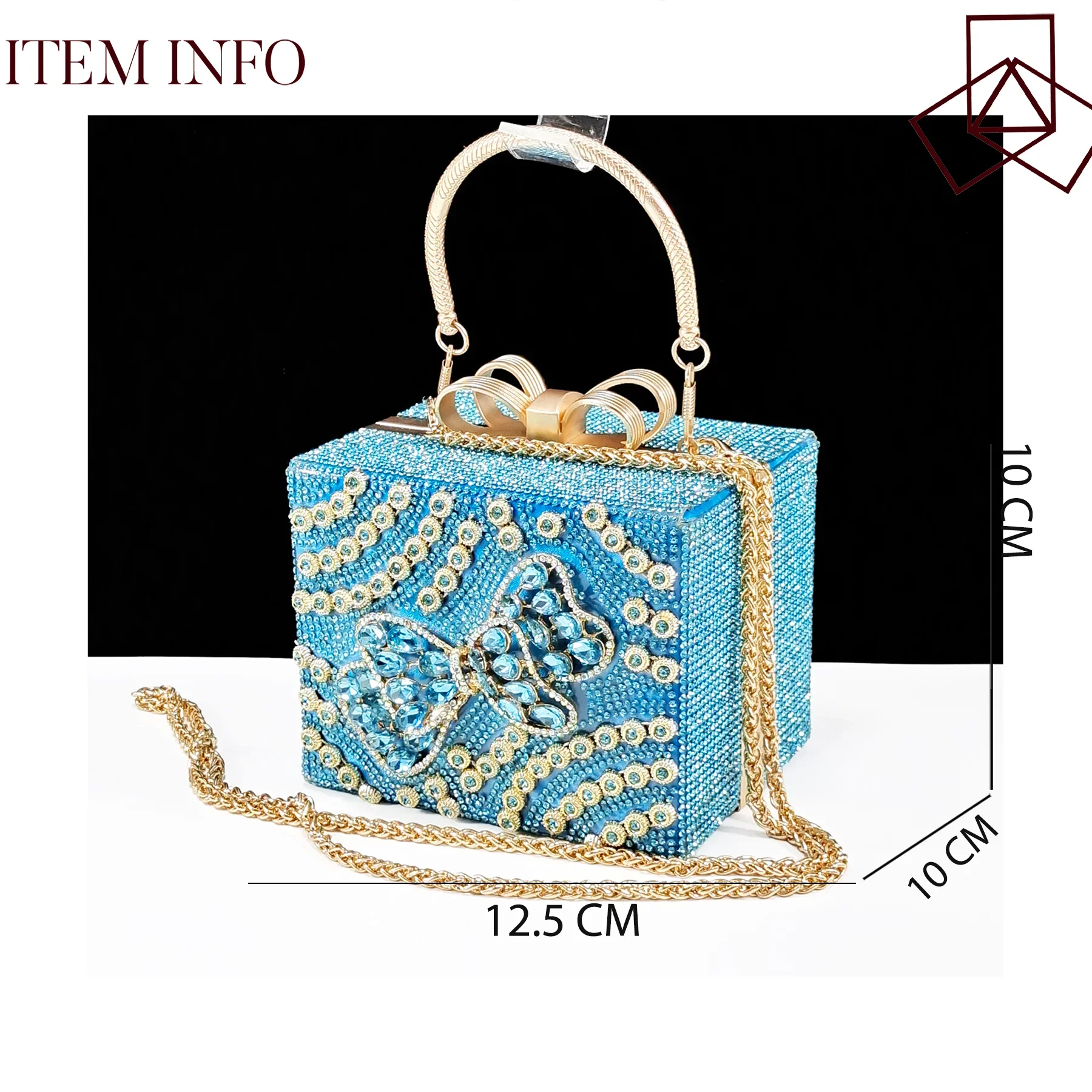 Stunning QSGFC Sky Blue High Heel Clutch Pumps with Square Heels and Diamond embellishments, elegantly presented in a gift box, ideal for sophisticated occasions.