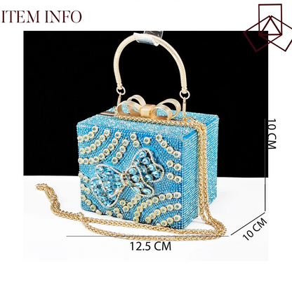 Stunning QSGFC Sky Blue High Heel Clutch Pumps with Square Heels and Diamond embellishments, elegantly presented in a gift box, ideal for sophisticated occasions.